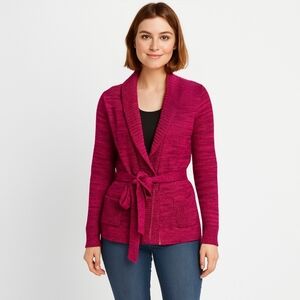 Women’s Belted Knit Cardigan Sweater Pink Magenta Shawl Collar Long Sleeve